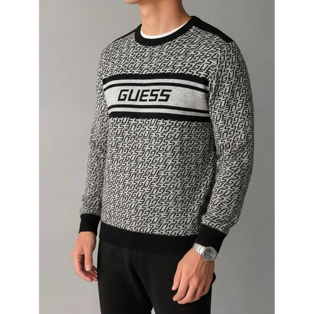 Guess Sweater SPELL OUT Grey Black Cotton Wool Blend Mens Size Medium Designer
